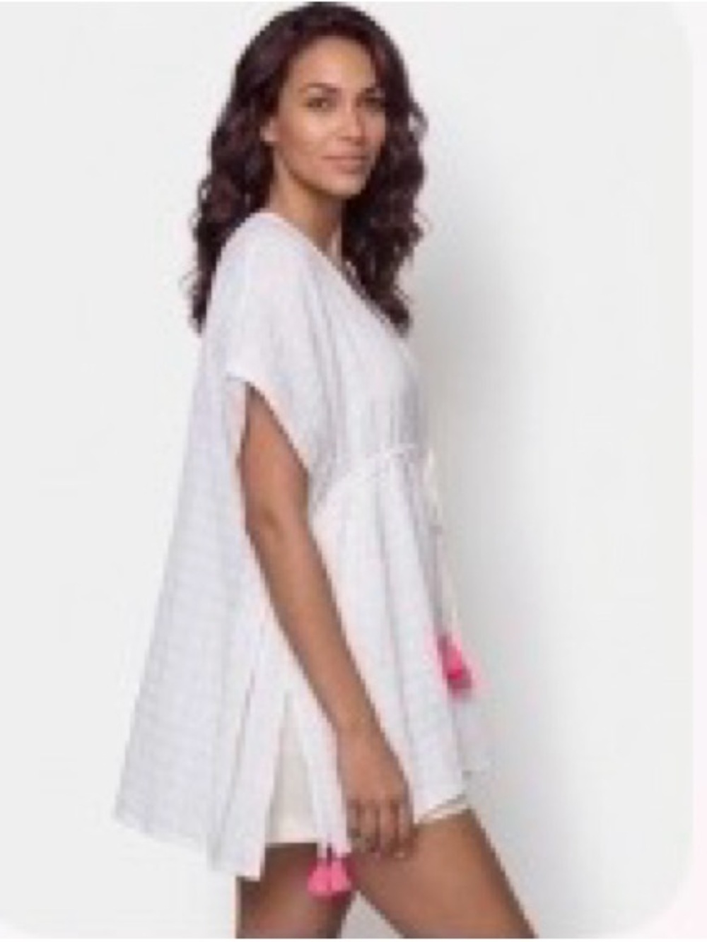 AERIE Coverup Beach Pool Oversized Drawstring Pink Tassels White Womens XS-S